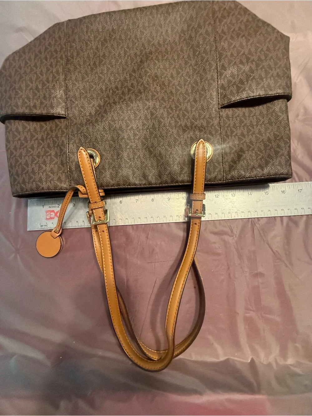 Michael Kors Jet Set East West Dark Brown Logo Tote with Cognac Straps